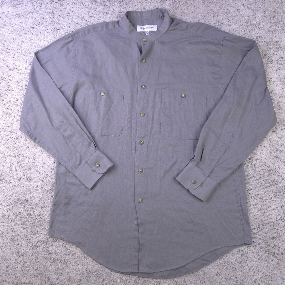 VTG Yves Saint Laurent Shirt Mens 15.5 32 33 Medium Collarless YSL Long Sleeve